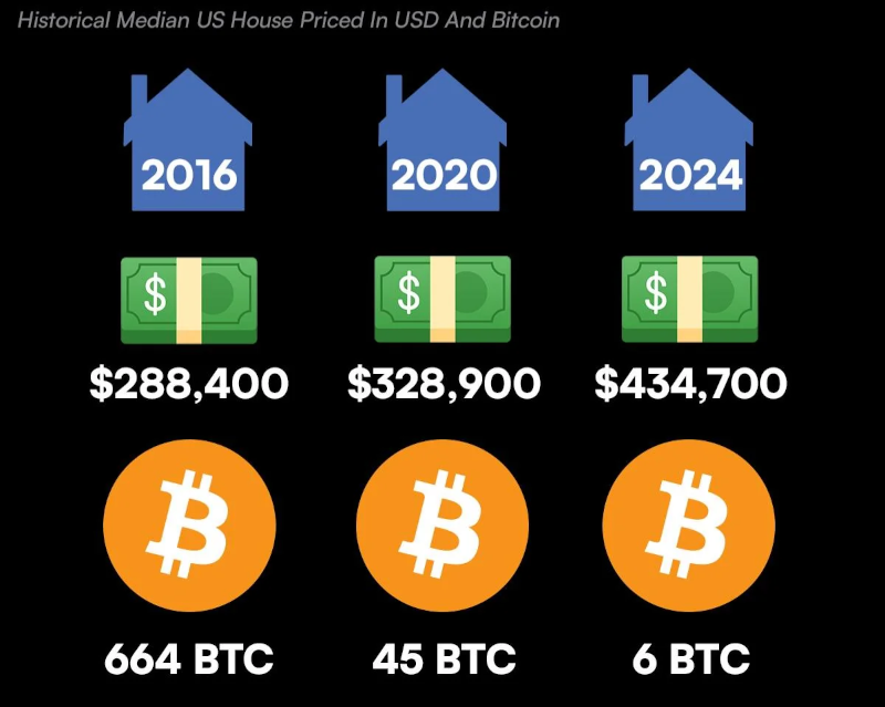 Infographic showing median home prices in USD and in bitcoin