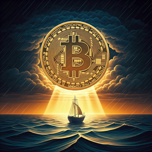 A boat navigating a stormy sea with bitcoin as a guiding light