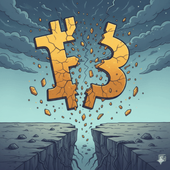 An image of a Bitcoin symbol cracking in half over a ravine
