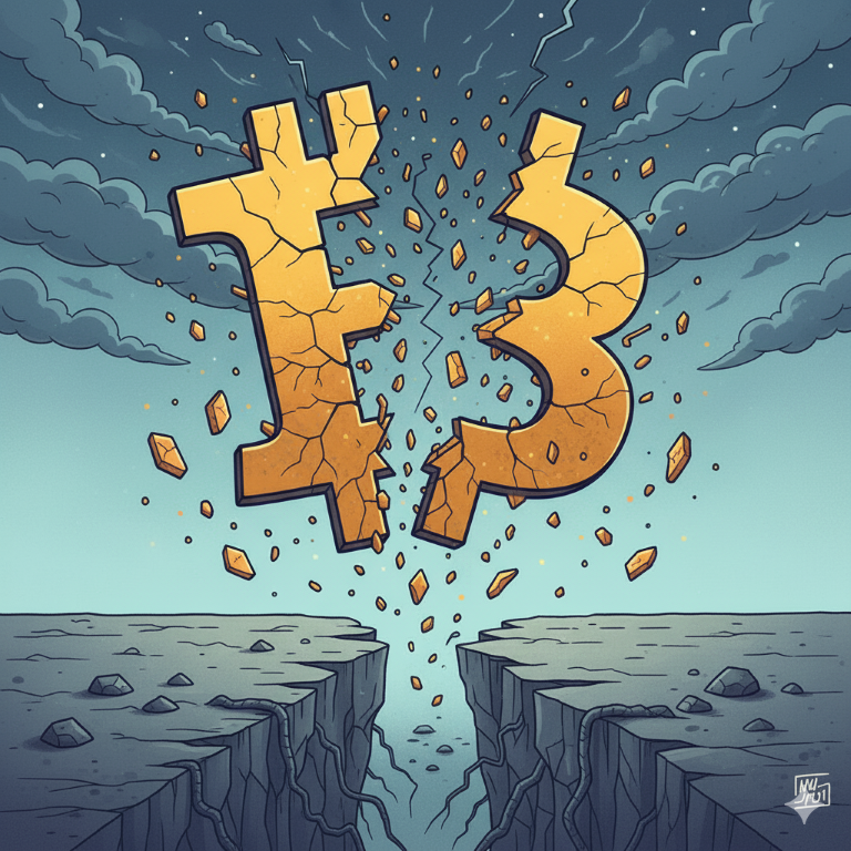 An image of a Bitcoin symbol cracking in half over a ravine