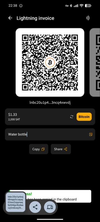 Blink wallet copying LNurl to phone's clipboard