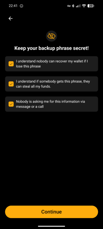 Blink wallet manual backup checkboxes