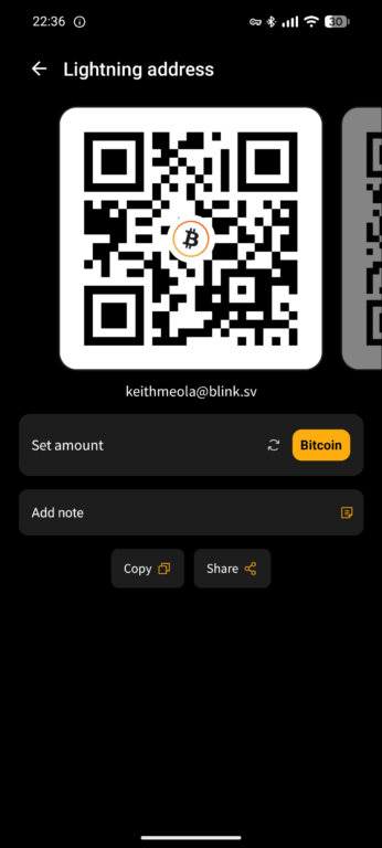 Blink wallet Receive screen showing Bolt12 Lightning QR code
