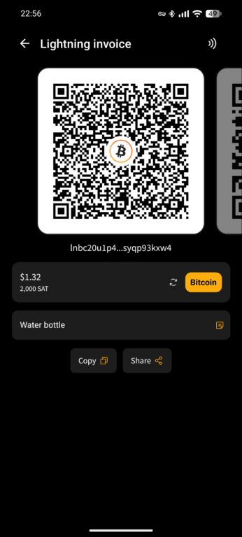 Blink wallet showing a filled Lightning invoice