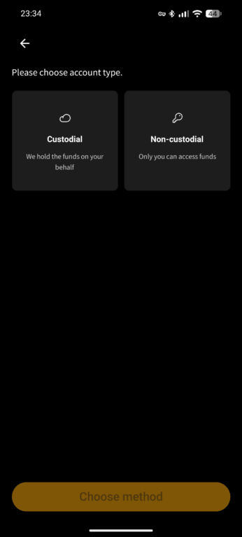 Blink wallet restore screen for choosing Custodial or Non-custodial