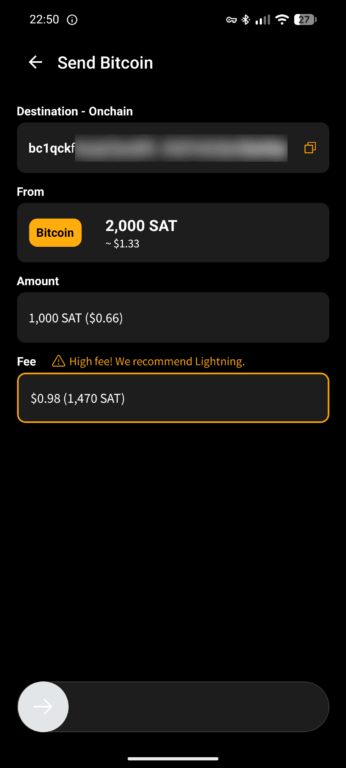 Blink wallet review screen for sending bitcoin on-chain to cold storage