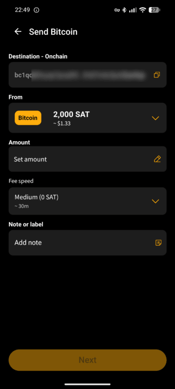 Blink wallet setting options for sending bitcoin on-chain to cold storage.